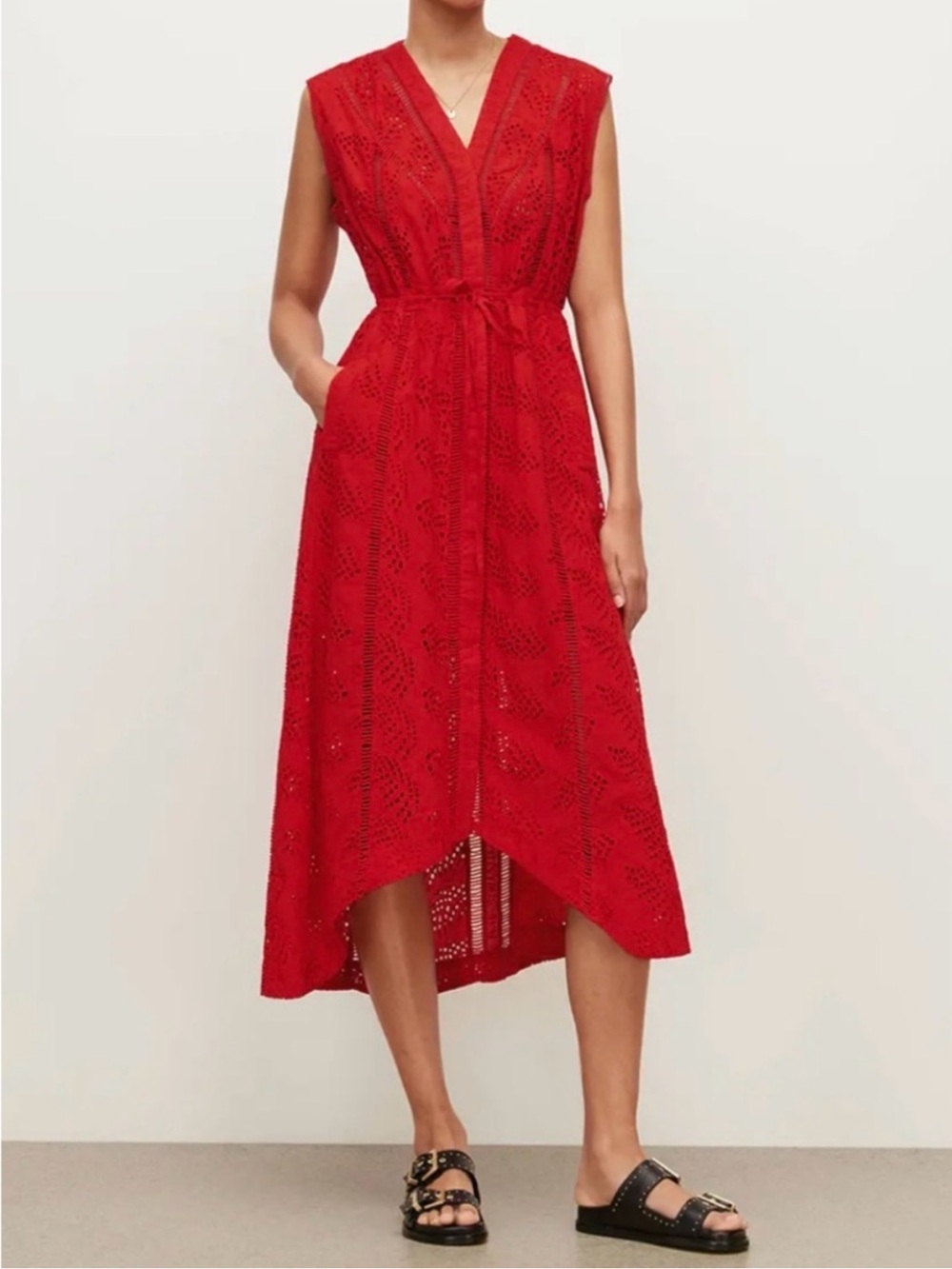 AllSaints Tate Broderie Midi Dress Poppy Blaze Red Eyelet and Embroidery Detail